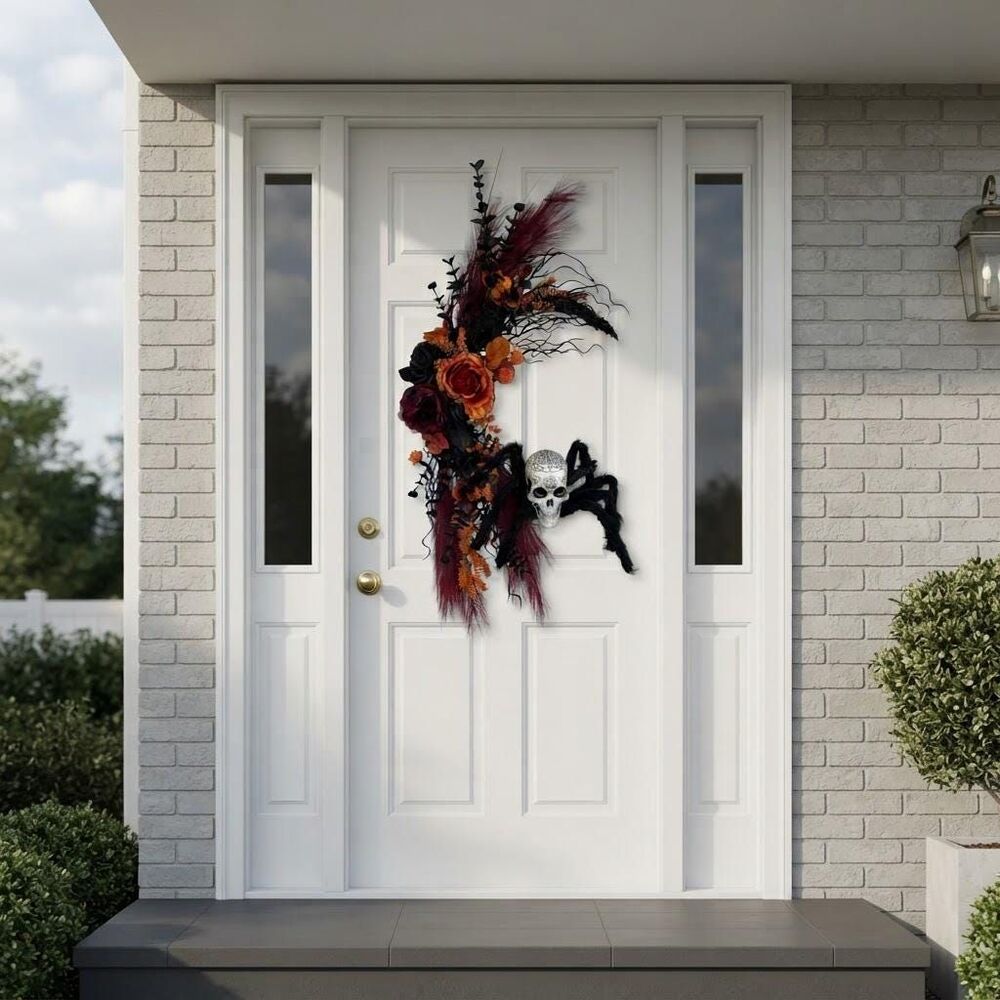 Gothic Halloween Crescent Wreath | Skull Spider Decor | Autumn Halloween Wreath